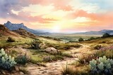 Fototapeta  - Watercolor illustration of American prairies with cactus, portraying the Wild West. Generative AI