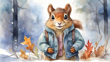 Wall Mural - little squirrel in a autumn mood with fallen leaves