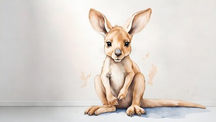 Wall Mural - Baby kangaroo. Kids room wallpaper with baby animals in pastel colors. Nursery wall mural, very minimalistic drawing, white wall