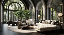 Hollywood Regency Home Interior Design Of A Modern Living Room In A Villa With A Cozy Luxury Tufted Curved Round Sofa And A Velvet Pouf On Black Parquet Flooring Near Curtains And An Arched Window