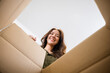 © sorapop - Happy Asian young woman opening carton box from internet store order shopping online at home, Smiling female surprised unpacking christmas gift big box and looking inside, inside bottom view