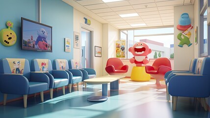 a modern hospital's children's reception area, adorned with adorable toys resting on chairs, exuding comfort and reassurance.