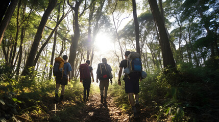 Wall Mural - Group of people hiking through beautiful green forest