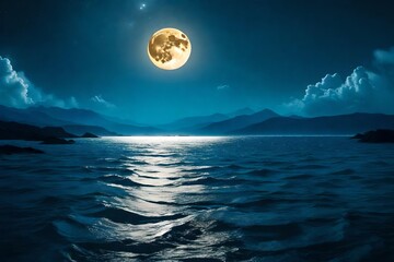 wolf at the dark night with deep moon scary view with moon shine in the lake
