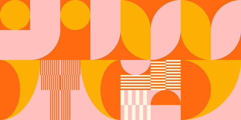 Wall Mural - Retro geometric aesthetics. Bauhaus and avant-garde inspired vector background with abstract simple shapes like circle, square, semi circle. Colorful pattern in nostalgic pastel colors.