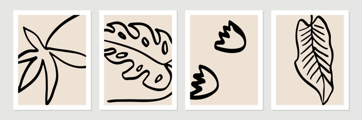Leinwandbilder - Set of abstract tropical organic shapes, leaves, lines and textures in black on neutral nude and beige background.