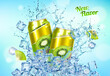 Ice kiwi drink, water splash and ice crystal cubes with aluminium can. Promo background with realistic tin bottle with summer beverage for a delightful and thirst-quenching experience on a sunny day