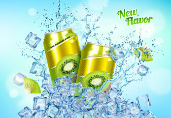 Wall Mural - Ice kiwi drink, water splash and ice crystal cubes with aluminium can. Promo background with realistic tin bottle with summer beverage for a delightful and thirst-quenching experience on a sunny day