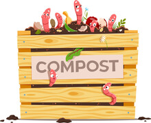 Compost Wooden Box With Funny Cartoon Earth Worms, Waste And Soil Ground. Vermicomposting, Humus Composting Eco-friendly Process. Isolated Vector Earthworms Stick Out Of Organic Waste Pile In Crate