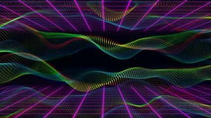 Wall Mural - Animation of digital waves over purple grid network against black background with copy space