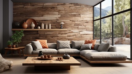 In a minimalist home interior design of a modern living room, a grey corner sofa with terracotta pillows surrounds a big round wooden coffee table near a window