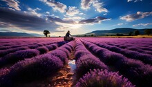 Lavender Field With Sky And The Clouds. Lavender Field In Sunny Climate. Gorgeous Purple Lavender Field With Trees And Landscape. Lavender Plant. Purple. Nature 