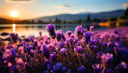 Wall Mural - lavender flowers on the beach. lavender closeup. lavender field with sky and the clouds. lavender fi