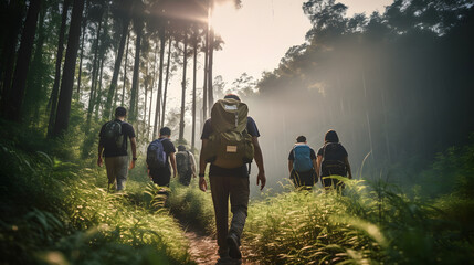 Wall Mural - Group of people hiking enjoying the green Scenery through beautiful green forest