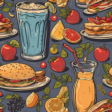 Seamless Pattern Of Delicious Meals. Repeatable Image Background. Generative AI.