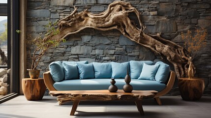 In a rustic home interior design of a modern living room, a blue sofa with a decorative wooden tree root backrest is placed amidst stone decor pieces against a structured wall