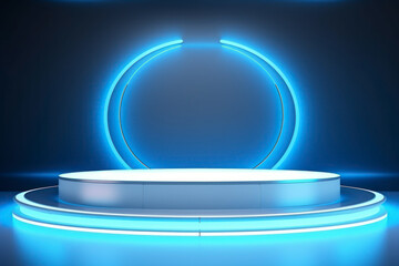 Futuristic room with circle neon podium and a round neon lamp. 3D space with empty stage AI Generative