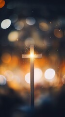 Wall Mural - Beautiful gold bokeh background with a christian cross