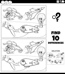 Sticker - differences activity with flying vehicles characters coloring page