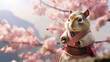 cute squirrel wearing pink hanfu with smile face blur Fuji montain, japan background. AI Generative
