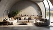 Loft interior design of a modern minimalist living room with a cozy sofa against arched windows in a room with a concrete wall