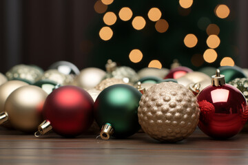 Wall Mural - Christmas balls texture. Holiday with colorful shiny brilliant christmas balls. Generative AI