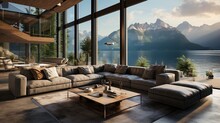 Luxury Home Interior Design Of A Modern Living Room In A Lakeside House With A Cozy Beige Sofa In A Spacious Room With A Terrace Panoramic Open Windows Offer Stunning Sea Bay, Lake And Mountain Views