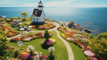 Aerial View Of A Lighthouse Complex With Adjacent Keeper’s House, Vibrant Flower Garden, Midday Sun, Crystal Clear Ocean