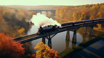 Aerial view of steam engine crossing a vintage stone bridge over a serene river, colorful autumn foliage in background