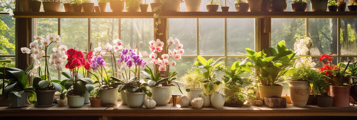Wall Mural - orchid garden, a diverse array of orchids, wooden shelves, garden atmosphere, afternoon sunlight
