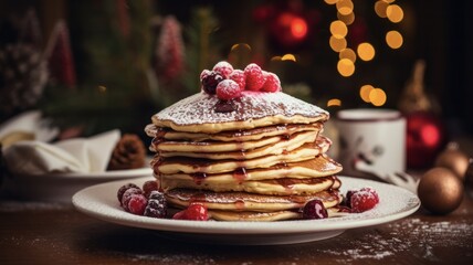 Wall Mural - Festive Breakfast: Christmas Pancakes with Sweet Berry Jam on Rustic Wooden Table