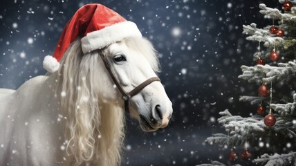 Wall Mural - festive christmas horse: adorable white steed wearing a santa hat with snowfall in the background