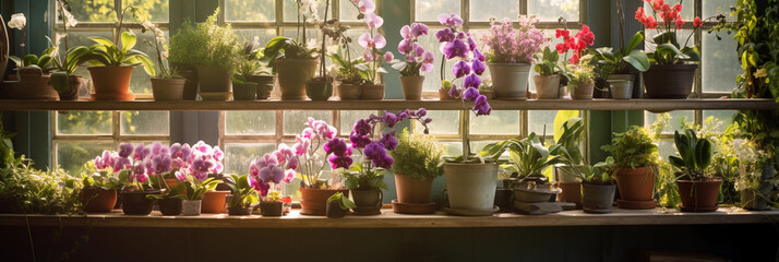 Wall Mural - orchid garden, a diverse array of orchids, wooden shelves, garden atmosphere, afternoon sunlight