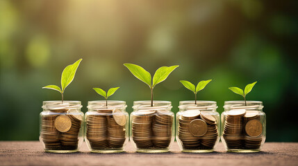 plant growing out of coins in glass jar with filter effect retro vintage style. Investment concept