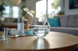 Zoomed in, pouring clean water from a bottle onto living room table. Generative AI