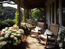 Countryside Porch With Wooden Rocking Chairs And Floral Cushions