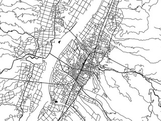 Vector road map of the city of  Tokamachi in Japan with black roads on a white background. 4:3 aspect ratio.