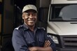 A smiling truck driver posing with trucks.AI Generated