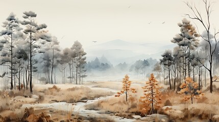 Wall Mural - Beautiful watercolors of a winter forest wrapped in morning mists