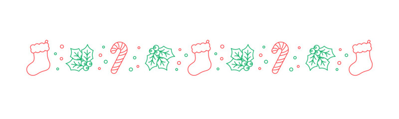 Wall Mural - Christmas themed decorative border and text divider, Christmas Stocking, Candy Cane and Mistletoe Pattern Doodle. Vector Illustration.