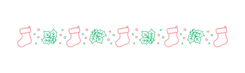 Wall Mural - Christmas themed decorative border and text divider, Christmas Stocking and Mistletoe Pattern Line Art Doodle. Vector Illustration.