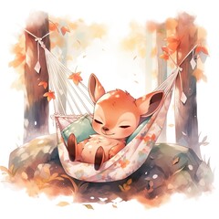 Wall Mural - A sleepy baby deer in a hammock. watercolor illustration.