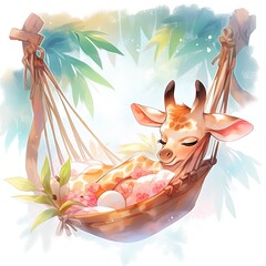 Wall Mural - A sleepy baby giraffe in a hammock. watercolor illustration.