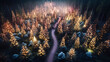 Forest of Christmas trees with ornaments and lights. 3d illustration of a forest with trees and lights in the night.