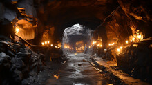 A Panoramic View Of An Underground Mine, Where Miners Work Amidst Dimly Lit Tunnels And Heavy Machinery