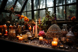 Fototapeta Tulipany - An ornate altar adorned with candles, crystals, and ancient relics, emphasizing the love and creation of sacred spaces, love and creation