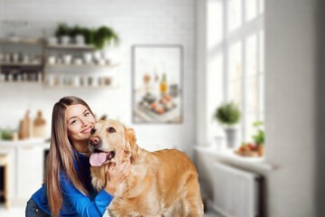 Poster - Happy cheerful young woman hugging pet dog, AI generated image