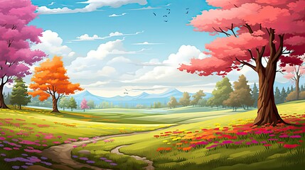 Spring season with colorful flowers and trees in a pretty meadow or field.