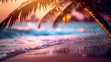 Fototapeta Londyn - Beach with waves and coconut trees at sunset.
