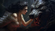 Woman princess fairy and a werewolf in a dark forest, love